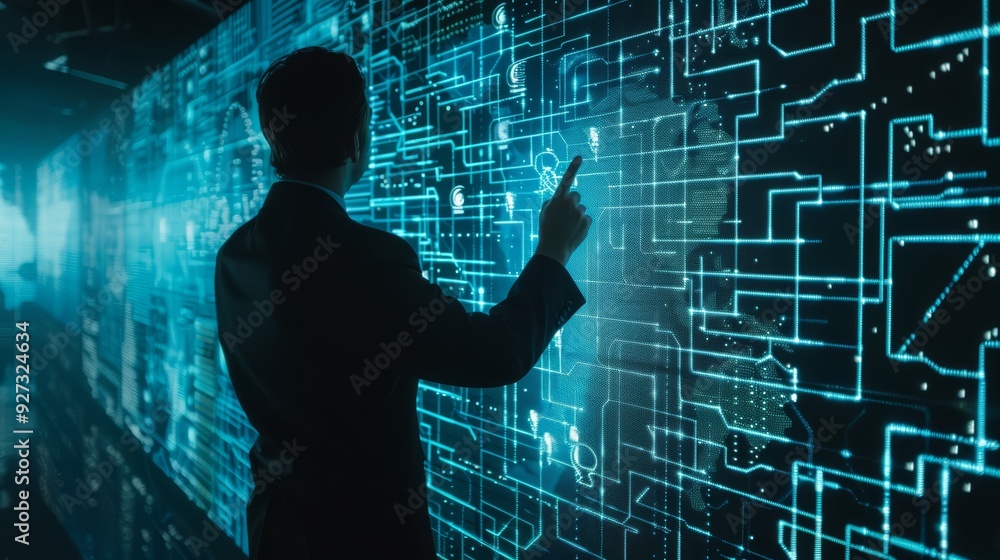 Poster a businessman interacts with a futuristic digital interface. the screen displays a network of glowin