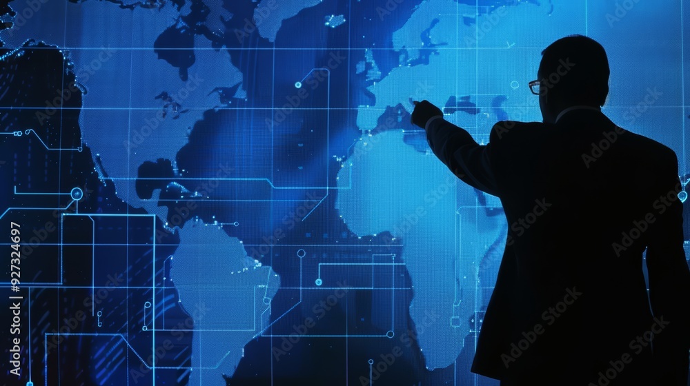 Poster a businessman in silhouette gestures toward a digital map of the world displayed on a large screen.