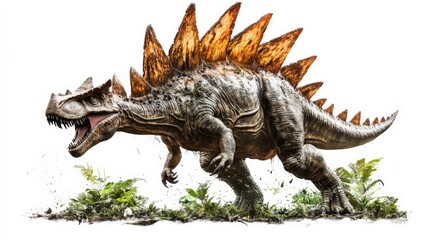 Naklejka premium Fierce dinosaur with spiked back in a dynamic, roaring pose, surrounded by greenery, showcasing prehistoric wildlife in vivid detail.