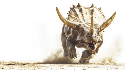 Fototapeta premium Fierce triceratops dinosaur charges forward in a dynamic action scene, showcasing the prehistoric giant's power and strength.