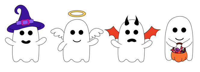 Cute Halloween ghosts in costumes. Holidays cartoon characters. Vector Flat Illustration.