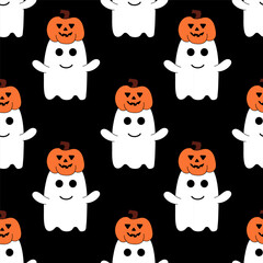 Seamless Pattern with Cute Halloween ghost with pumpkin. Holidays cartoon character on black background. Vector Flat Illustration.