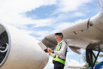 Male engineer in white hardhat standing and holding tablet working aircraft maintenance mechanics...