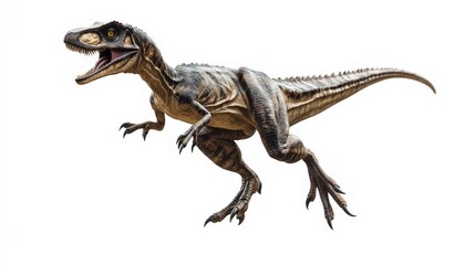 Fototapeta premium Fierce Velociraptor dinosaur isolated on a white background, showcasing its sharp claws and teeth.