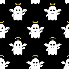 Seamless Pattern with Cute Halloween ghost in costume Angel. Vector Flat Illustration.