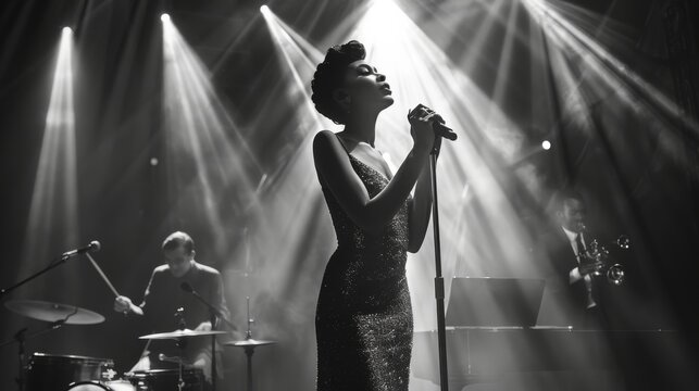 Elegant black singer in a long evening gown, performing on stage with a jazz band. Black and white