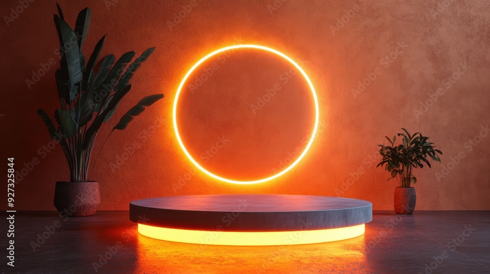 Poster vibrant neon-lit peach fuzz podium in 3d rendering for dynamic product display and sales boost