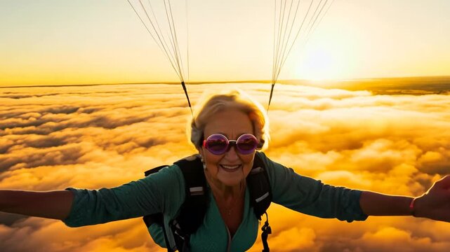 Skydiver enjoying a sunset jump over golden clouds at a scenic location