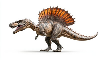 Highly detailed rendering of a Spinosaurus, a prehistoric dinosaur with a distinctive sail on its back, set against a plain white background.