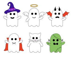 Cute Halloween ghosts in costumes. Holidays cartoon characters. Vector Flat Illustration.
