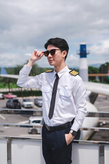 Portrait of a trained airplane captain in uniform preparing to fly.