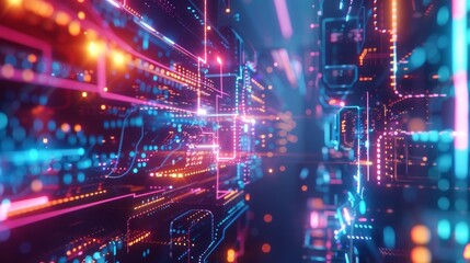 Fototapeta premium Futuristic digital network with glowing lines, shapes, and neon lights in high tech scene
