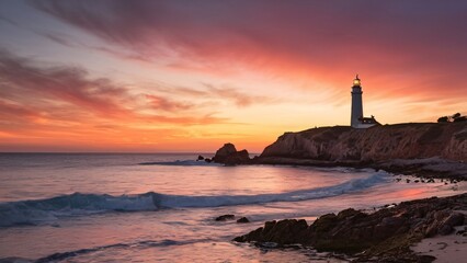 Coastal Sunset with Distant Lighthouse Glow