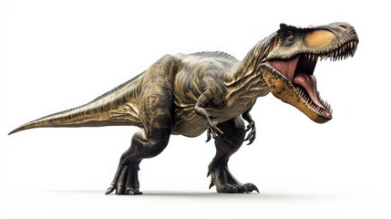 Fototapeta premium High-resolution image of a roaring Tyrannosaurus Rex isolated on white background, showcasing its fearsome teeth and powerful build.