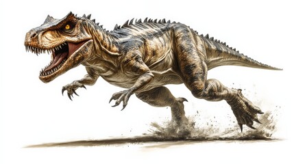 Fototapeta premium Illustration of a fierce, roaring dinosaur running with dynamic motion, showcasing its powerful physique and sharp teeth.