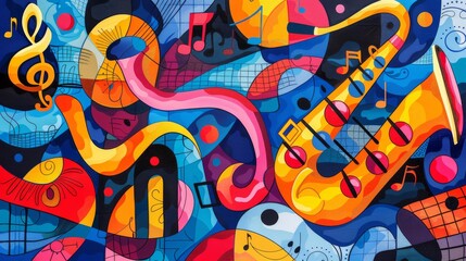 Obraz premium A lively abstract illustration with musical notes and saxophones flowing together. Jazz music banner