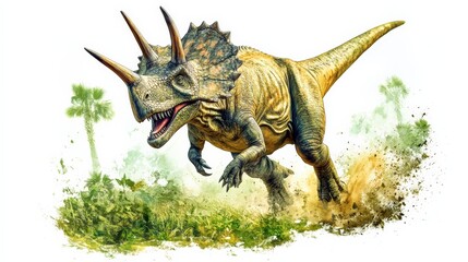 Fototapeta premium Illustration of a Triceratops dinosaur running through lush prehistoric landscape, capturing the raw power and majesty of this ancient creature.