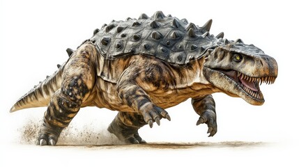 Obraz premium Illustration of an armoured dinosaur in a dynamic pose, showcasing its prehistoric features with a spiked back and strong legs.