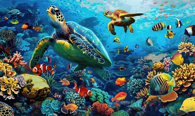 Fototapeta premium Sea turtle and tropical fish in colorful underwater coral reef.