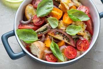 Tuscan-style tomato and bread salad or panzanella in a grey serving pan, middle close-up, horizontal shot