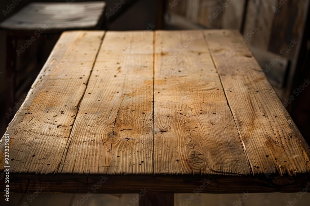 Aufkleber closeup view of a rustic wooden table with a warm, inviting texture and soft lighting