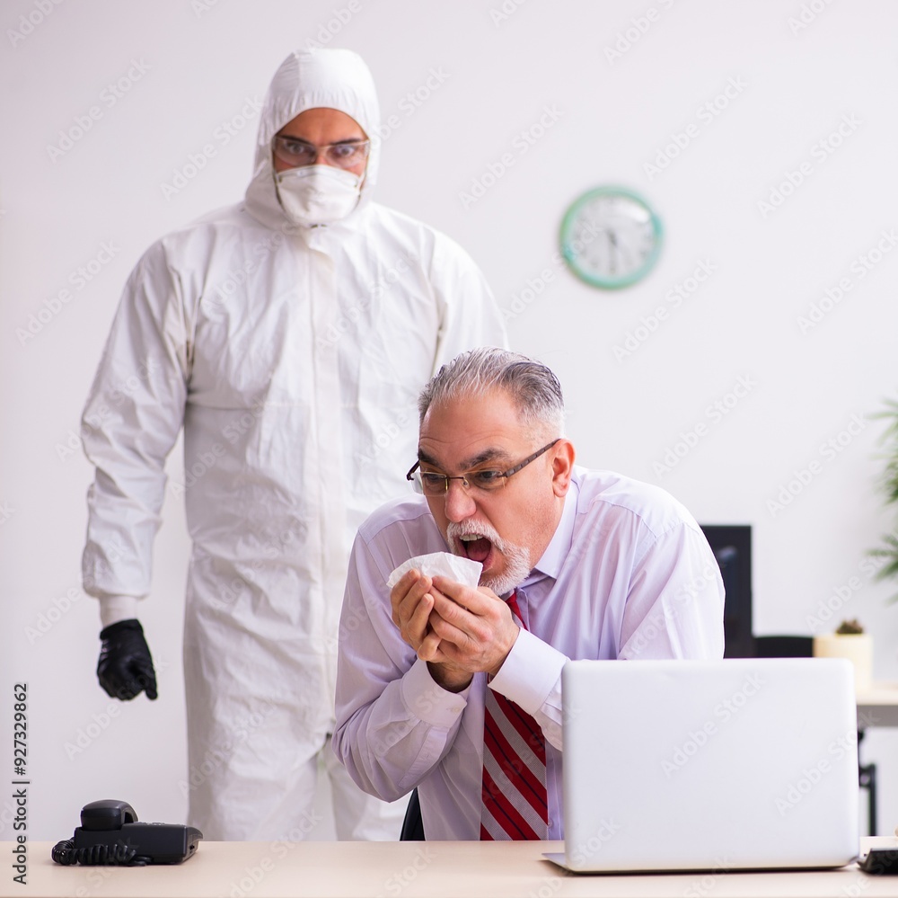 Sticker Old employee catching coronavirus at workplace