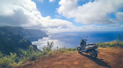 Obraz premium A motorbike parked at the edge of a cliff, with the ocean stretching out below and the sky full of dramatic clouds.
