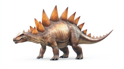 Fototapeta premium Realistic 3D illustration of a Stegosaurus dinosaur with spiked tail isolated on white background, highlighting prehistoric life.