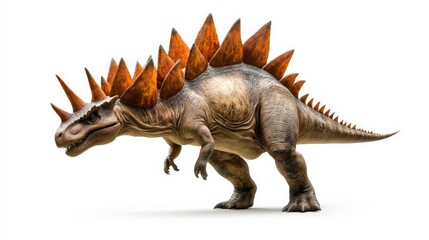 Fototapeta premium Realistic 3D rendering of a dinosaur with spiked plates on its back, walking against a white background. Perfect for educational uses.