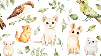 Cartoon vector of a cute animal set featuring rabbits, dogs, cats, and other pets in a playful pattern with a farm and zoo theme