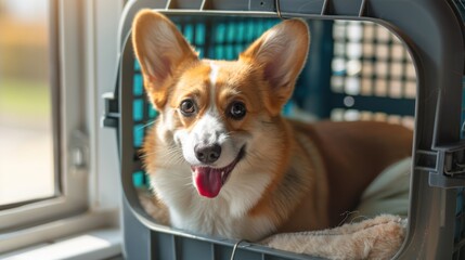 A cute little dog in a pet carrier for long-distance travel, for safety and orderliness of the place.