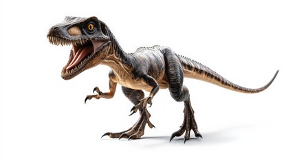 Obraz premium Realistic 3D rendering of a fierce dinosaur, showcasing detailed textures and menacing posture against a white background.