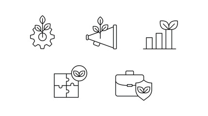 An icon set depicting the key aspects of sustainable business development, highlighting eco-friendly practices, growth strategies, secure operations, and green marketing.