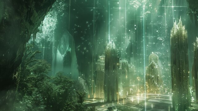 Enigmatic journey through mystical realm of floating temples and luminous crystal trees