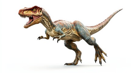 Fototapeta premium Realistic 3D rendering of a fierce, roaring dinosaur in mid-motion against a white background, showcasing detailed texture and vibrant colors.