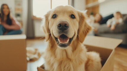 Naklejka na ściany i meble Families and children happily prepare to move to a new home or apartment with their pets.