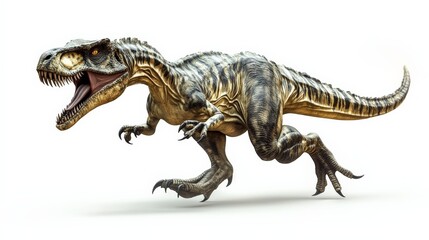 Realistic 3D rendering of a roaring T-Rex dinosaur running on a white background, showcasing its detailed texture and fierce expression.