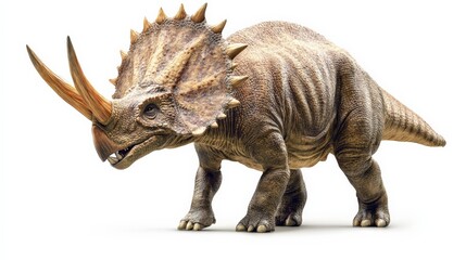 Obraz premium Realistic 3D rendering of a triceratops dinosaur with three horns and a frilled neck, isolated on a white background.