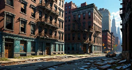 abandoned town city buildings on a street. post apocalyptic wasteland ruins aftermath, rubble, and debris.