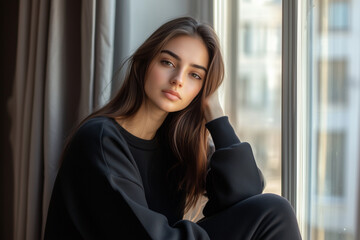Fototapeta premium Adult woman sitting near window, dressed in a black sweatshirt, thoughtful and sad expression, in no mood or depressed