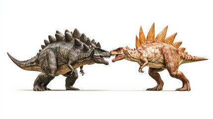 Fototapeta premium Realistic animation of two stegosaurus dinosaurs facing each other. High-quality dinosaur artwork for educational and creative projects.