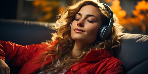 Fototapeta premium A woman with closed eyes and headphones, wearing a red jacket, relaxing on a black sofa with a warm, blurred background, Ideal for themes of relaxation, listening to music, or lifestyle,
