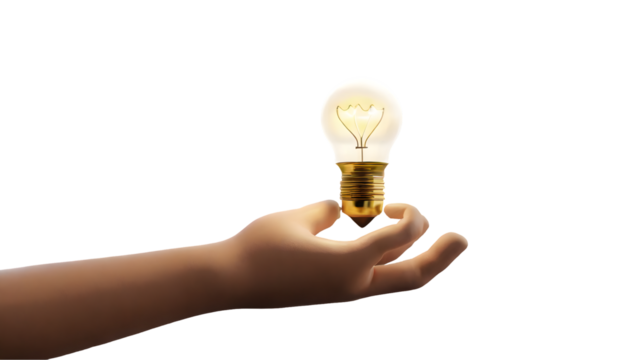 3d render hand with light bulb creative idea isolated on white background. Generative AI.