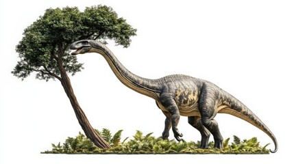 Fototapeta premium Realistic depiction of a long-necked dinosaur grazing on tree leaves in a prehistoric landscape, showcasing its massive size and detailed features.