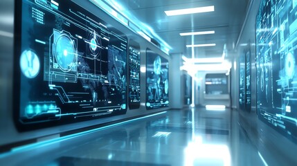 Futuristic Corridor with Digital Interfaces