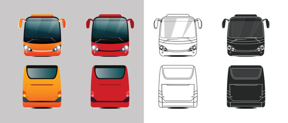 City bus template Passenger transport side and back view with line art and silhouette