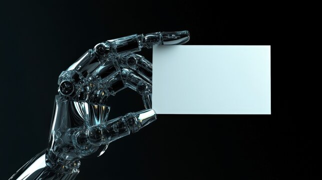 A robotic hand holds a blank white card against a black background.