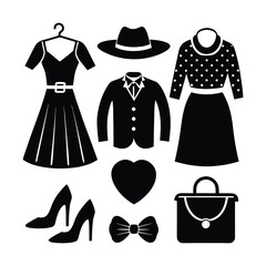 Fashion icon set vector with clothing and accessory silhouettes, perfect for branding or design.