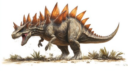 Fototapeta premium Realistic illustration of a spiked dinosaur walking across a prehistoric landscape, showcasing detailed features and vibrant colors.