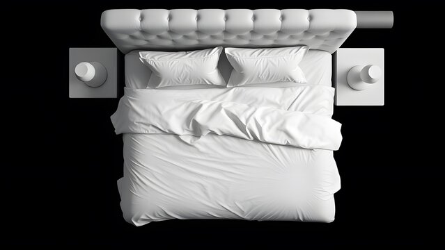 top view of a double bed in black background PNG